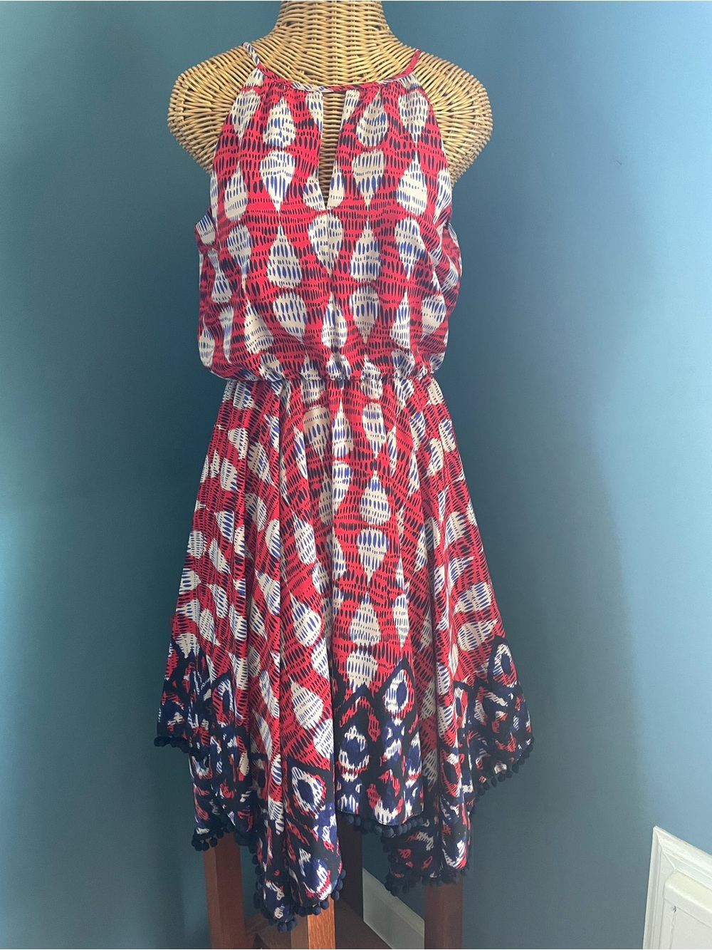 Maggy London Red Blue Handkerchief Hem With Pom Pom’s A-Line Dress Size 2 EUC